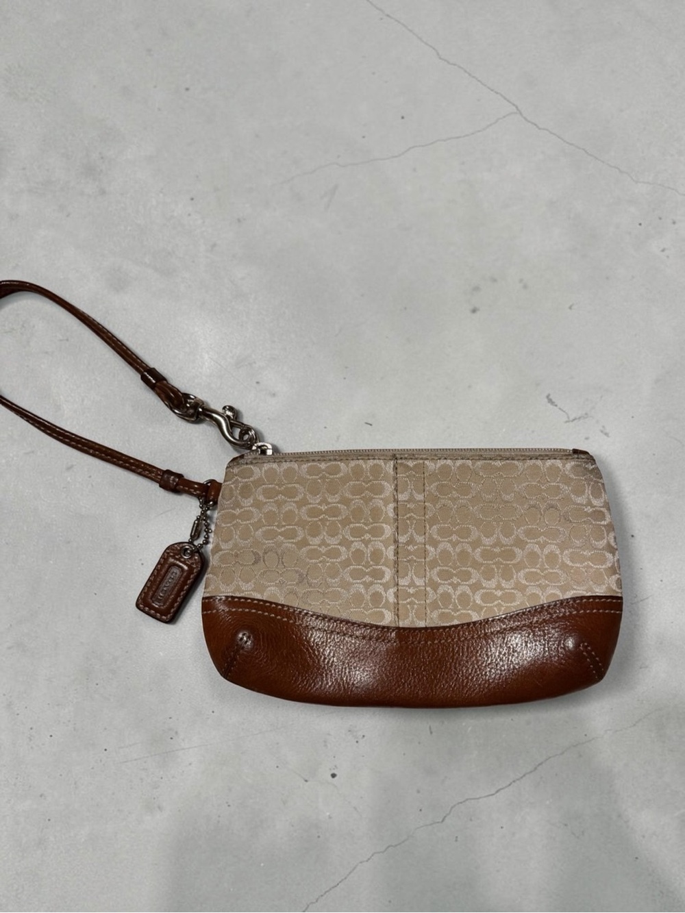 Vintage Coach Beige Signature Canvas and Brown Leather Wristlet